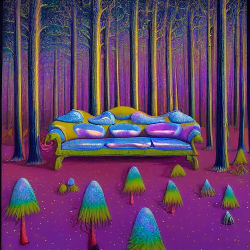 Prompt: psychedelic couch sofa in the pine forest, goose, milky way, designed by moebius, rob gonsalves, gustav dore, giuseppe arcimboldo and carl barks, louis wain, trending on artstation, star, sharp focus, colorful refracted sparkles and lines, soft light, 8 k 4 k
