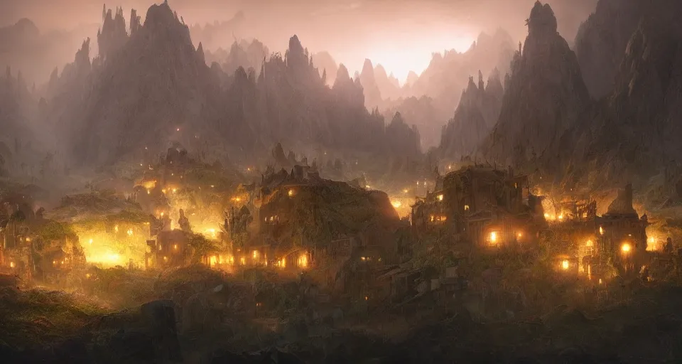 Image similar to book illustration of epic landscape valley with small wooden village. Atmospheric beautiful by Eddie mendoza and Craig Mullins. volumetric lights volumetric lights