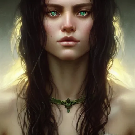 Image similar to face portrait of a very beautiful girl, fair skin, green eyes, black long hair, realistic face, no lipstick, ultra realistic, concept art, intricate details, eerie, highly detailed, photorealistic, octane render, 8 k, unreal engine. art by artgerm and greg rutkowski and charlie bowater and magali villeneuve and alphonse mucha