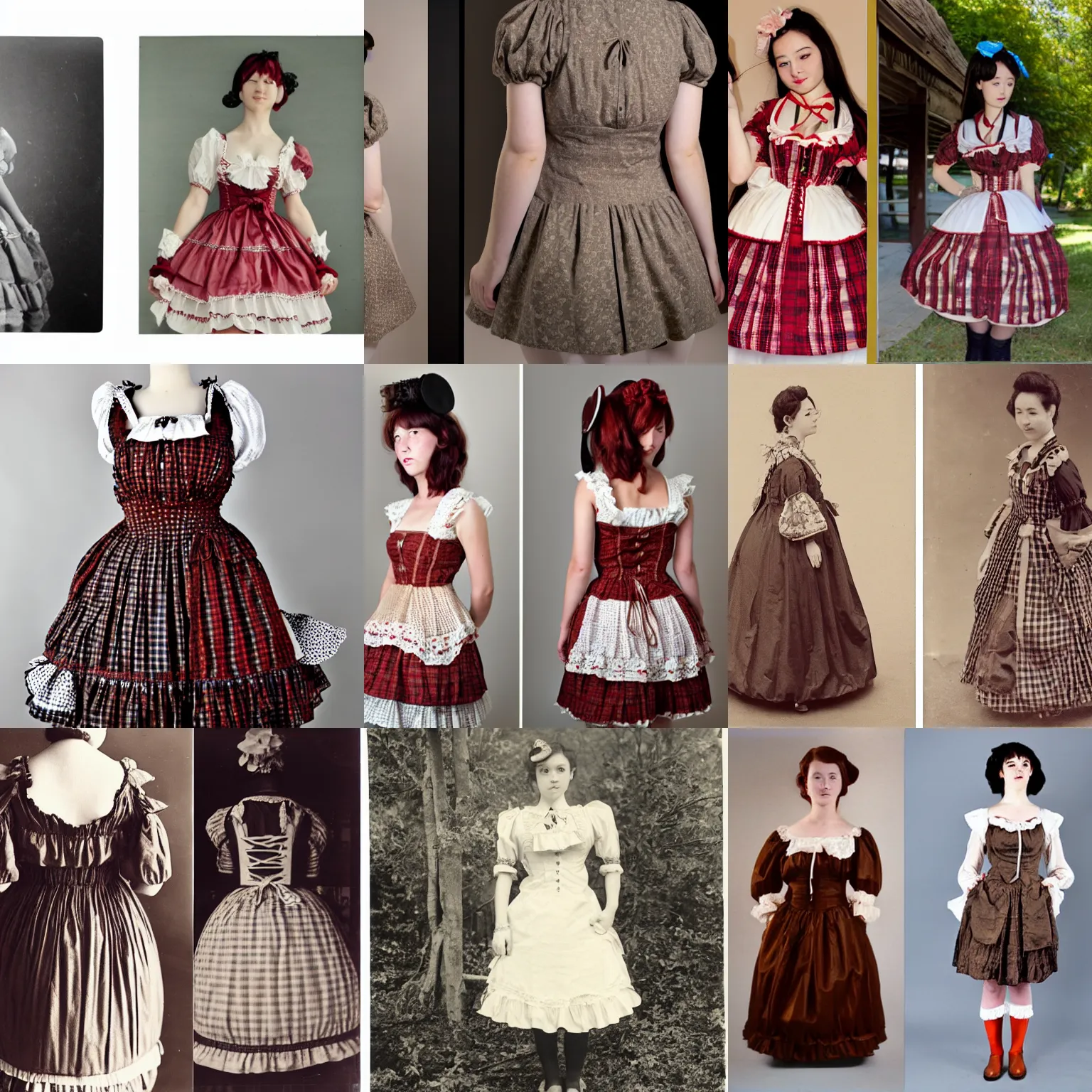 Prompt: a woman wearing a wooden lolita dress, front and back, photo