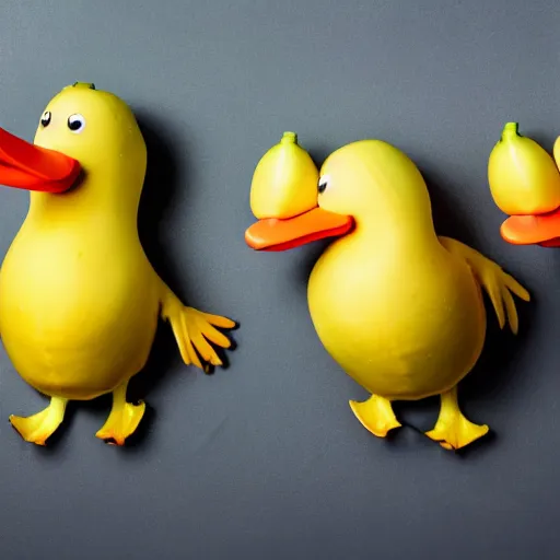 Image similar to professional photograph of banana ducks, peeled bananas with googly eyes and duck beaks