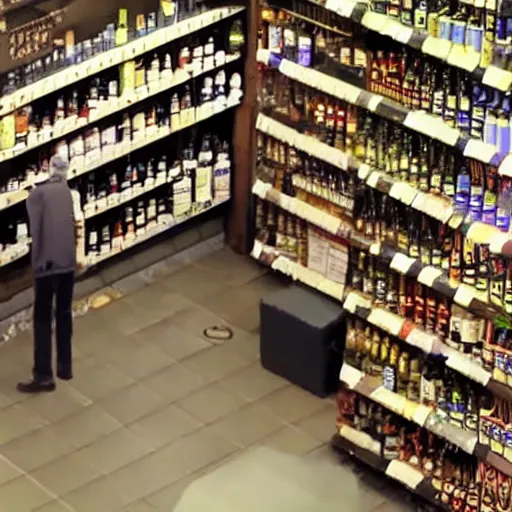Image similar to old man walking in liquor store, security camera footage, cctv, high angle view,
