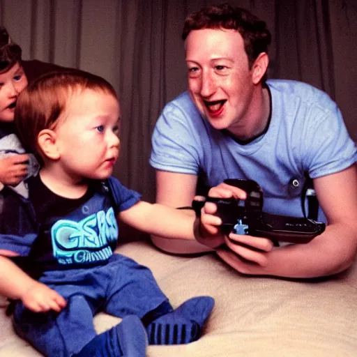 Prompt: baby mark zuckerberg playing sega genesis with baby elon musk while their parents look on. 3 5 mm photograph