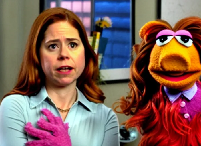 Image similar to film still of muppet!!!!! pam beesly!!!! as a muppet muppet muppet as a muppet in the tv show the muppet office