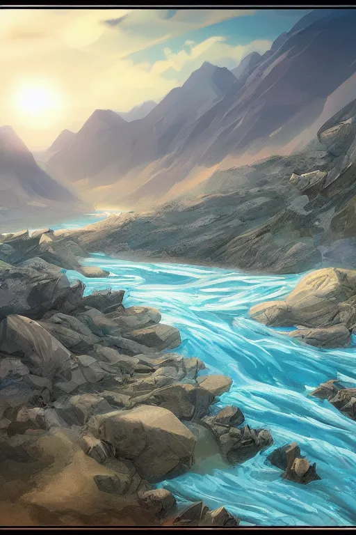 Prompt: mountaintop river flat illustration fantasy art trending on artstation