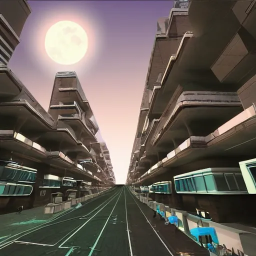 Image similar to point perspective, scifi city in the future, full moon in the city
