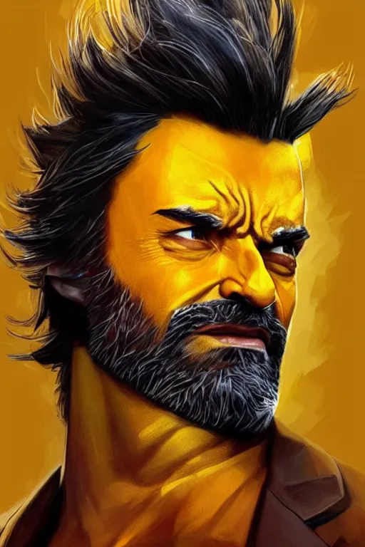 Image similar to Narendra Modi as Hugh Jackman Wolverine, claws are up, yellow X-man costume, Narendra Modi hairstyle and beardstyle, calm, grumpy, portrait, masculine figure, highly detailed, digital painting, artstation, concept art, smooth, sharp focus, illustration, cinematic lighting, art by artgerm and greg rutkowski and alphonse mucha