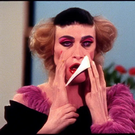 Prompt: 1983 sad woman on a talk show show with a long prosthetic snout nose, big nostrils, wearing a dress, 1983 French film color archival footage color film 16mm Fellini Almodovar John Waters Russ Meyer movie still