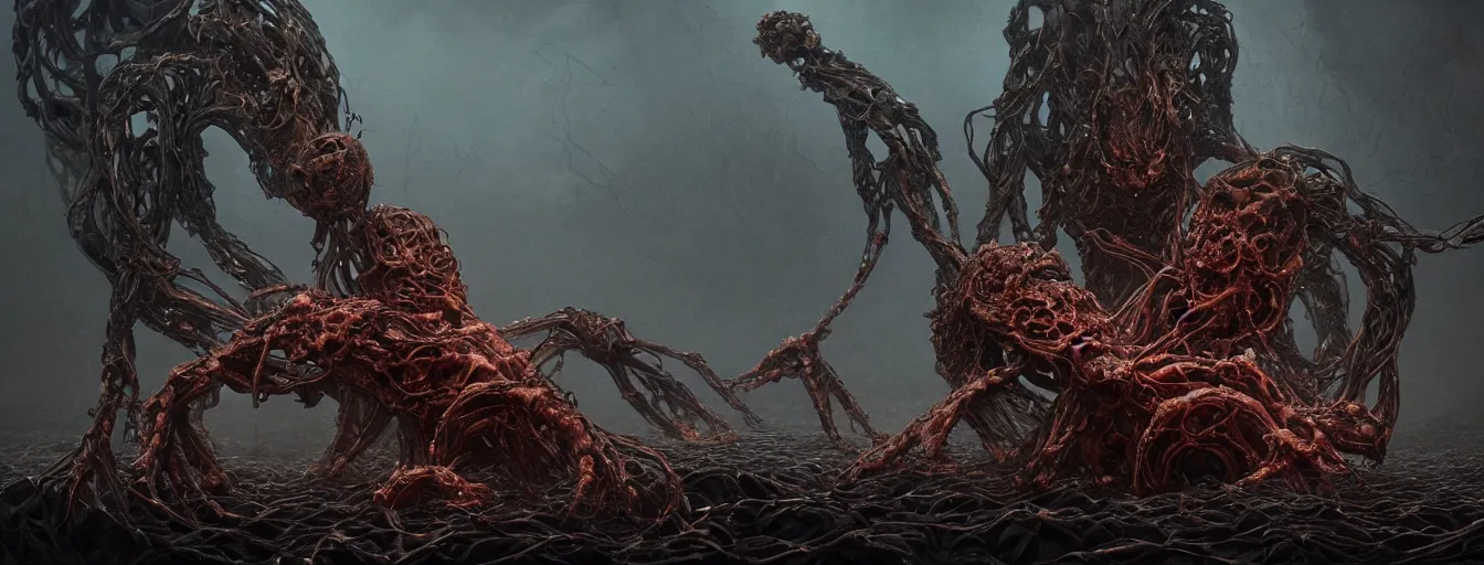 Image similar to hive mind entwined bodies, scorn themed dark sf biomechanical, intricate artwork masterpiece, ominous, dramatic horror cinematic lighting, volumetric 8 k, elden ring, by zdizslaw beksinski, karol bak, brian froud, trending on cgsociety, octane render, 8 k