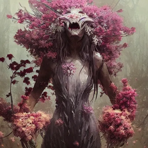 Image similar to a beautiful terrifying monster made out of flowers. ethereal horror fantasy art by greg rutkowski