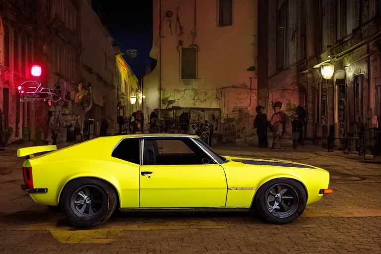 Image similar to widebody audi camaro b 1 ( 1 9 6 9 ), need for speed : carbon, at night, neon lines, lviv historic centre, phonk music background, smoke behind wheels, noise, dark, establishing shot, by simon stalenhag