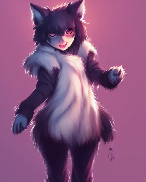 Prompt: fullbody portrait of anthropomorphic half - wolf fluffy cute anime character with paws wearing jeans and coat, concept art, anime art, by a - 1 picture, trending on artstation artgerm, ross tran, wlop, marc davis, furaffinity
