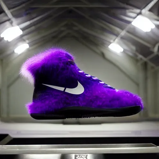 Prompt: futuristic nike shoe made of very fluffy purple faux fur placed on reflective surface, professional advertising, overhead lighting, heavy detail, realistic by nate vanhook, mark miner