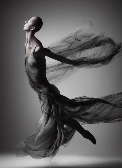 Image similar to a Photorealistic dramatic hyperrealistic render of a glamorous beautiful Female smoke dancer by Ken Brower and Deborah Ory of NYC Dance project,Lois Greenfield,Flowing cloth and smoke,Beautiful dynamic dramatic dark moody lighting,volumetric,shadows,cinematic atmosphere,Octane render,8K