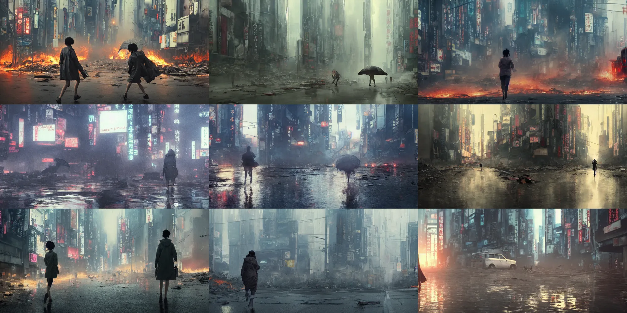 Prompt: incredible wide screenshot, ultrawide, simple water color, paper texture, katsuhiro otomo ghost in the shell movie scene, backlit death defying action shot running girl in parka, wet dark road, parasol in deserted junk pile shinjuku,, earthquake destruction, reflection, thick fog, smoke, destroyed robots, blazing fire, burning bus crash inferno, lens flare