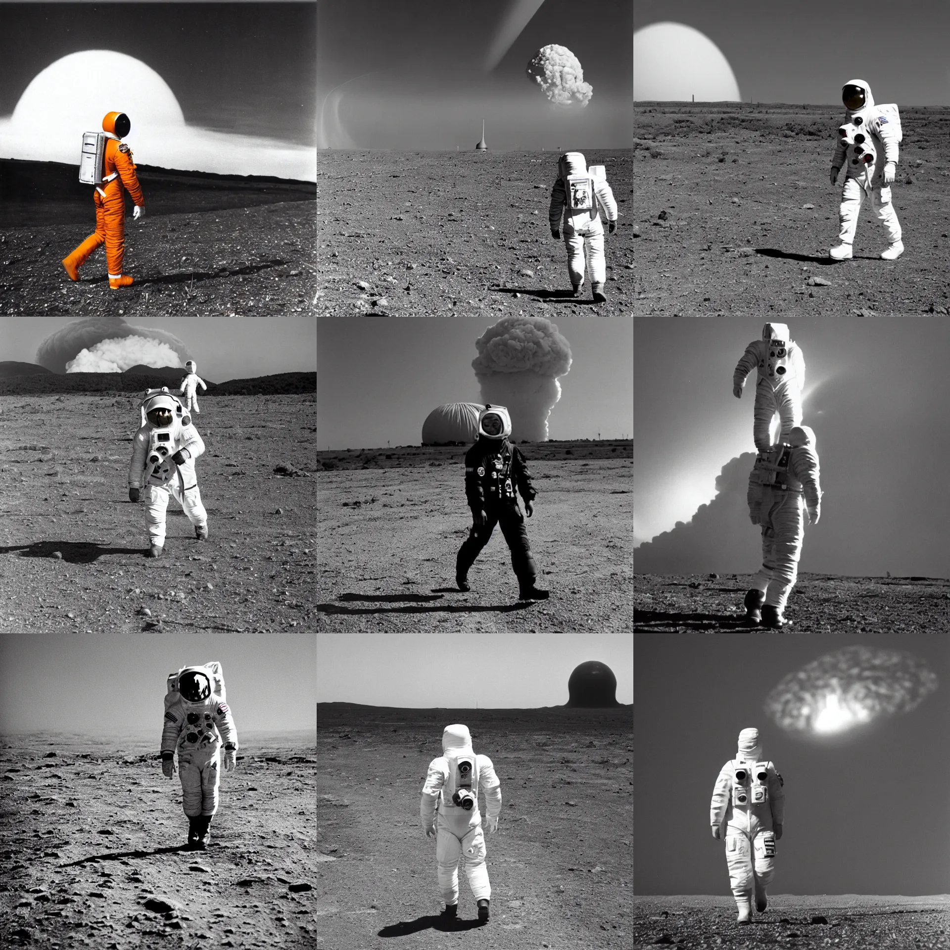 Prompt: a man wearing an orange astronaut suit walking, approaching and looking to the camera with a nuclear explosion in the background; black and white photograph