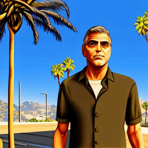 Image similar to george clooney in gta v. los santos in background, palm trees in the art style of stephen bliss