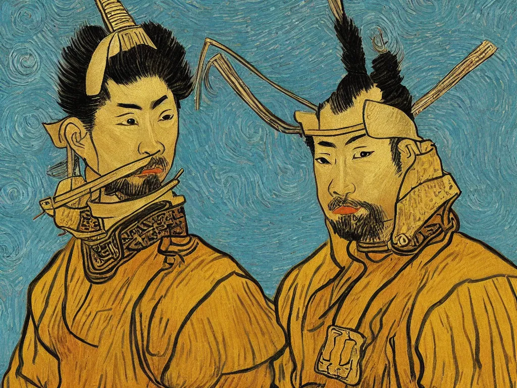 Image similar to Portrait of a Japanese Samurai warrior in the style of Van Gogh.