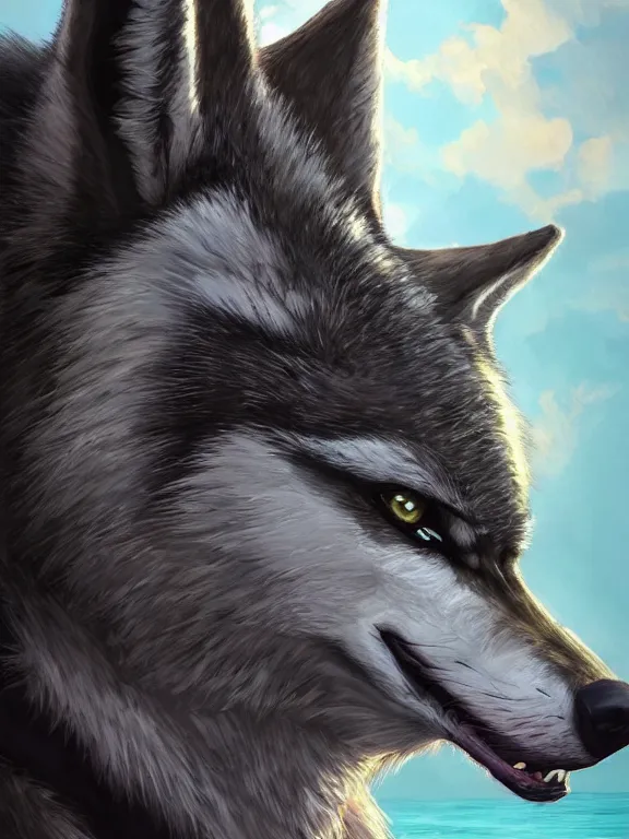 Prompt: 3/4 headshot of cute anthro wolf man, handsome, fantasy, intricate, long muzzle, wolf ears, fursona, black fur, elegant, highly detailed, digital painting, artstation, concept art, smooth, sharp focus, illustration, art by artgerm and greg rutkowski and alphonse mucha bright Maldives beach in background