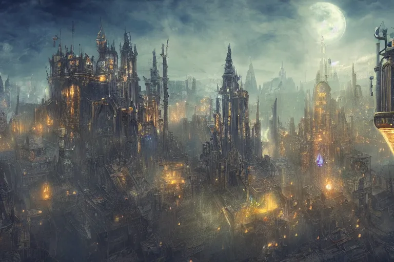 Image similar to Landscape imagery of a city mixed of technology and magic, wizards and machines, steampunk, dungeons and dragons, artificer, 8k, realistic,