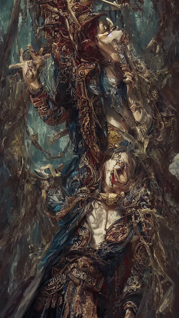 Image similar to the hanged man, maximalist, high detail, 8 k, ornate, dark fantasy, realistic, masterpiece, trending on art station, complex, wlop