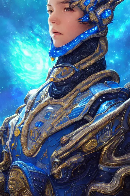 Image similar to a Portrait of a space dragon, third person, D&D, sci-fi fantasy, intricate, blue and gold, highly detailed , art by Range Murata, rim lighting, highly detailed, 3d, octane render, bright colors, digital painting, trending on artstation, sharp focus, illustration style of Stanley Artgerm,