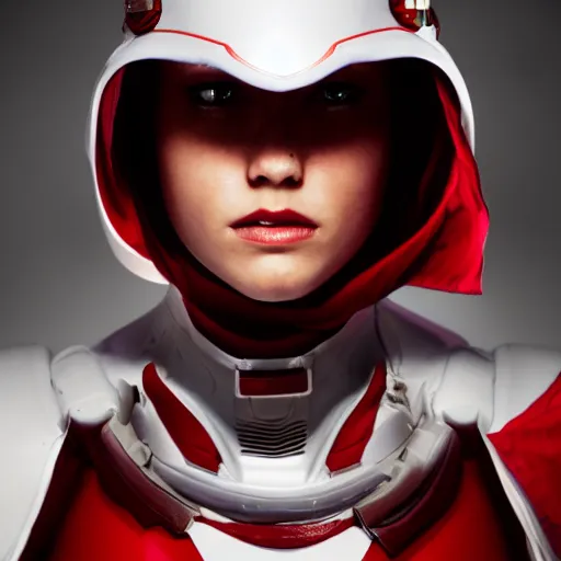 Image similar to headshot of an beautiful female soldier in glossy sleek white armor with tiny red details and a long red cape, downward angle, determined expression, on the surface of mars, night time, dramatic lighting, cinematic, sci-fi, hyperrealistic