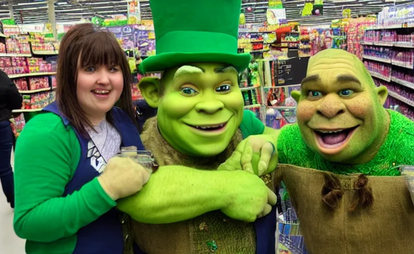 Prompt: shrek and a leprechaun live in asda, with thousands of spectators