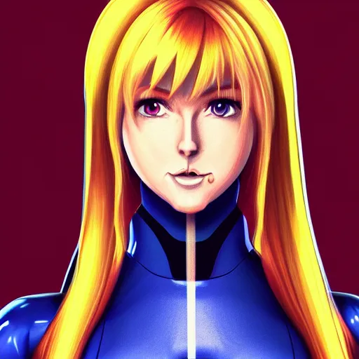 Prompt: a portrait of zero suit Samus, concept art, trending on artstation, 4k, 3D, black background.