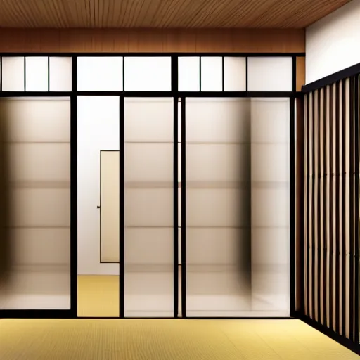 Image similar to still photo of a japanese hallway with sliding doors, highly detailed, photorealistic portrait, bright studio setting, studio lighting, crisp quality and light reflections, unreal engine 5 quality render