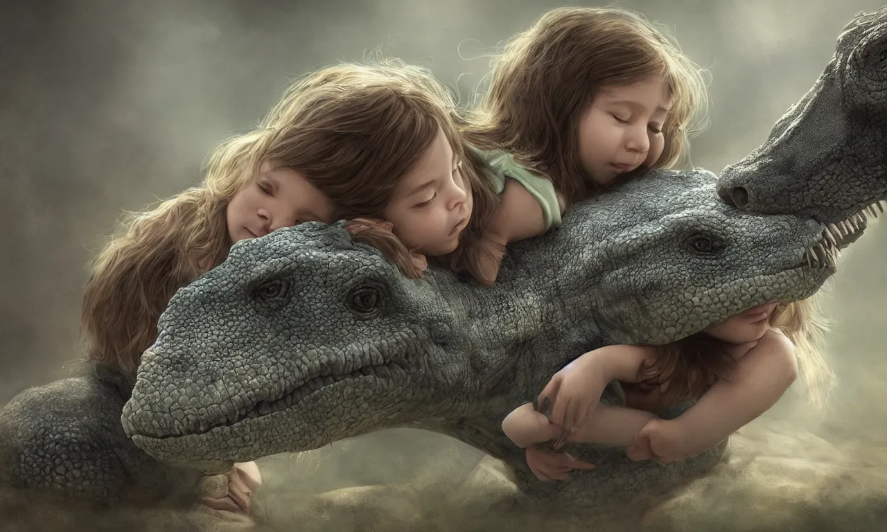 Image similar to portrait of a little girl cuddling with her beloved tyrannosaurus, very high detail, raytracing, back light, raymarching, by ilm, by digital domain, by weta digital