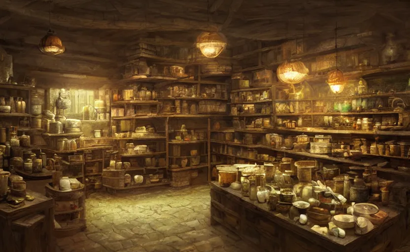 Image similar to an herbalist shop a wood counter and cabinets in the center, simple adobe wall,, simple wood shelves, lots of jars and boxes of herbs, torch lit warm dark fantasy matte painting in the style of ruan jia and craig mullins