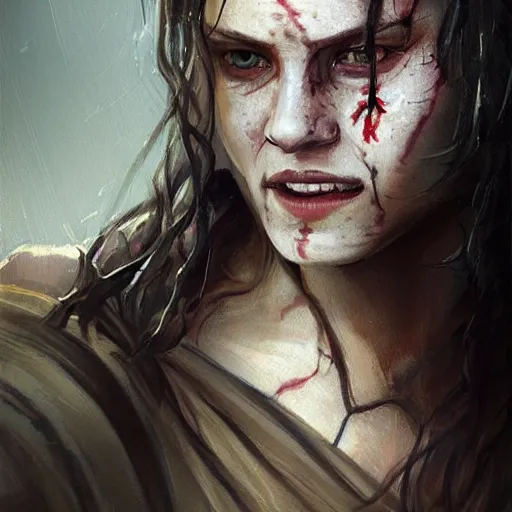 Prompt: portrait of an woman by Greg Rutkowski, she is about 20 years old, pretty, long brown wavy hair, tribal tattoos on her face, scar near her mouth that makes her look like she's smiling all the time, wearing jedi robes, Star Wars Expanded Universe, highly detailed portrait, digital painting, artstation, concept art, smooth, sharp foccus ilustration, Artstation HQ