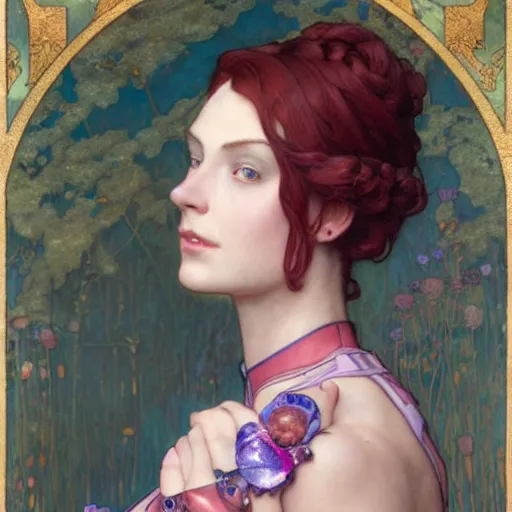 Image similar to Masterpiece head and shoulders portrait of Fiora from League of Legends of Arcane animated Series with pink and blue short hair and arcane armor drawn by Donato Giancola and Tom Bagshaw, Edmund Leighton, Alphonse Mucha, background by James Jean and Gustav Klimt, 4k, porcelain skin, volumetric lighting, komorebi, french nouveau, trending on artstation, octane render, hyperrealistic