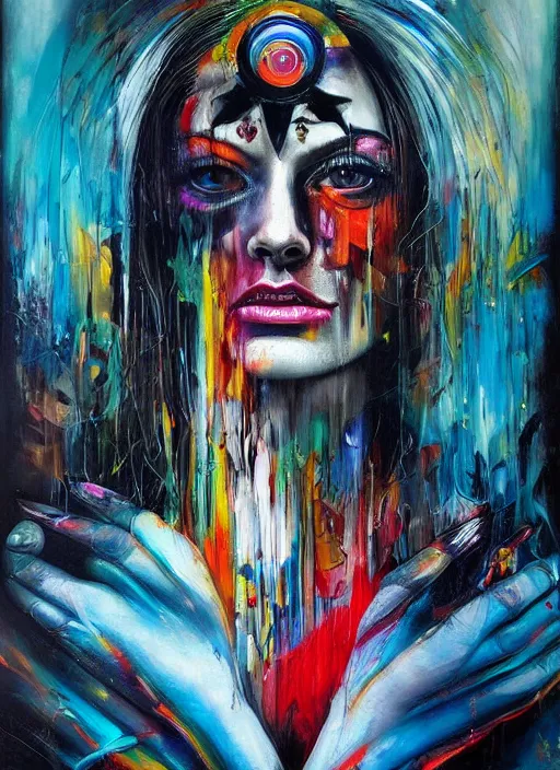 Image similar to abstract expressionist tripping magic cult psychic woman, painted face, third eye, energetic consciousness psychedelic, epic surrealism expressionism symbolism, story telling, iconic, dark robed, oil painting, symmetrical face, dark myth mythos, by sandra chevrier, bruce pennington, joan mitchell masterpiece