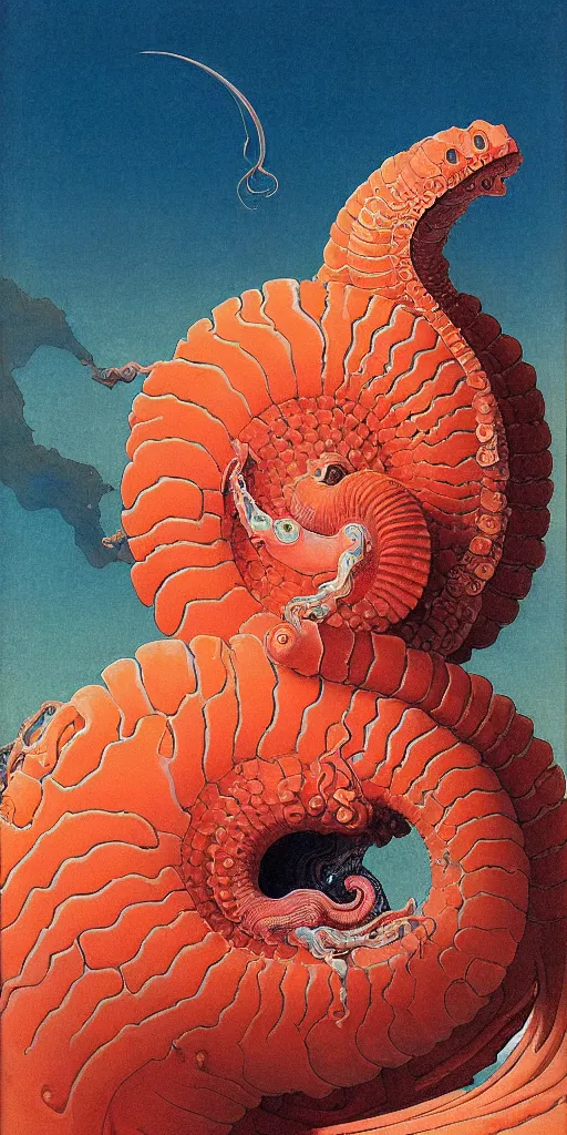 Image similar to portrait of the ammonite skeksis supermodel clad in coral armor biting into a juicy squid, by kawase hasui, dorothea tanning, moebius, edward hopper and james gilleard, aivazovsky, zdzislaw beksinski, steven outram colorful flat surreal design