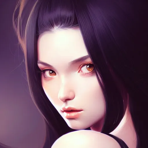 Image similar to a beautiful girl with long black hair, fantasy, portrait, sharp focus, intricate, elegant, digital painting, artstation, matte, highly detailed, illustration, ambient lighting, art by Rossdraws, artgerm, Ilya Kuvshinov, and Greg Rutkowski