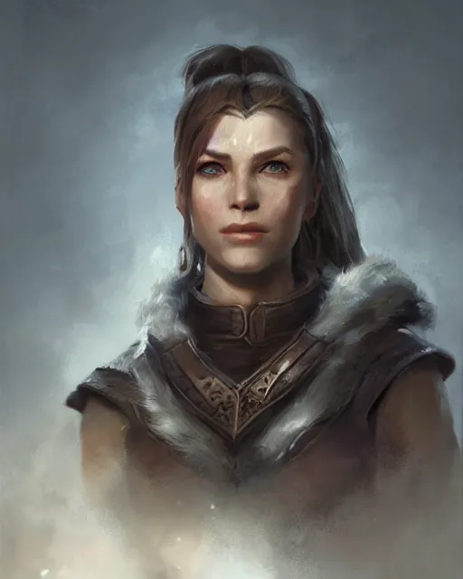 Image similar to the elder scrolls vi, charismatic rugged female nord warrior portrait, illustration, rim light, top light, perfectly shaded, soft painting, art by ross tran, krenz cushart and wenjun lin