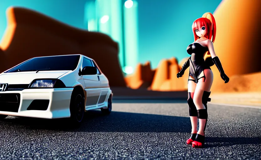 Image similar to photograph of a cell-shaded Honda EK9 Type-R with an anime girl, on a desert road with a futuristic city in the horizon, one point perspective, 1-point perspective, tilt shift, sigma 85mm f/1.4, 4k, depth of field, high resolution, 4k, 8k, hd, full color