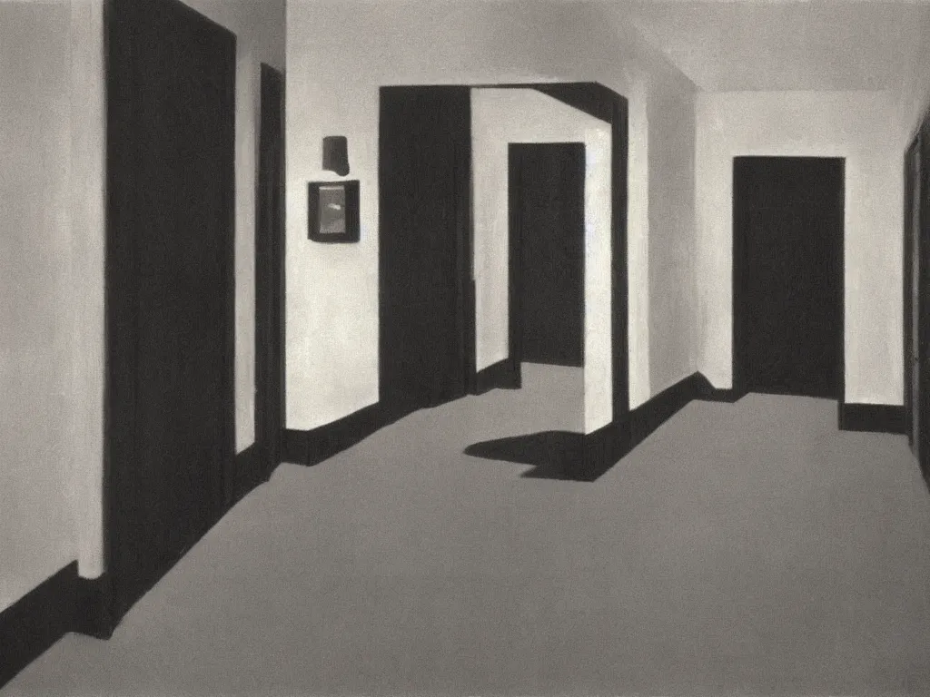 Image similar to the shinning hotel hallway, 70s, americana, dim, dark, lone scary silhouette in the distance, ultra view angle view, realistic detailed painting by edward hopper