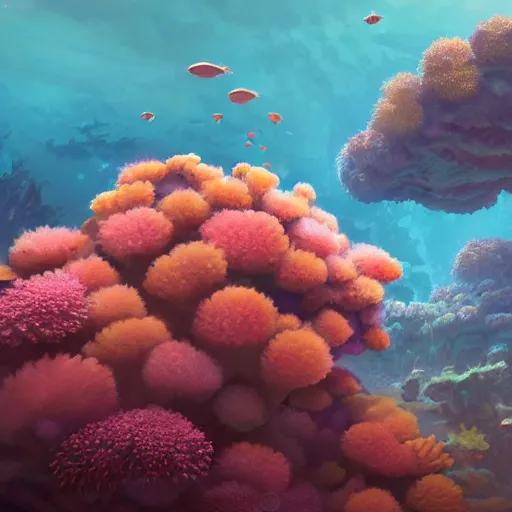 Image similar to beautiful coral reef photorealistic painting, wlop, concept art, octane render, deviantart, greg rutkowski, cinematic, artstation, key art, hyperrealism