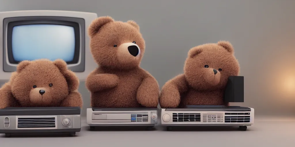 Image similar to two fluffy bears playing coleco vision with an old tv, octane render, 8 k resolution, cinematic