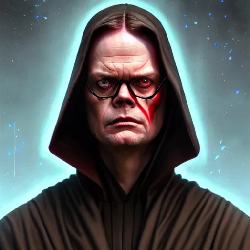 Prompt: dwight schrute dressed as a sith lord, realistic portrait, symmetrical, highly detailed, digital painting, artstation, concept art, smooth, sharp focus, illustration, cinematic lighting, art by artgerm and greg rutkowski and michael whelan