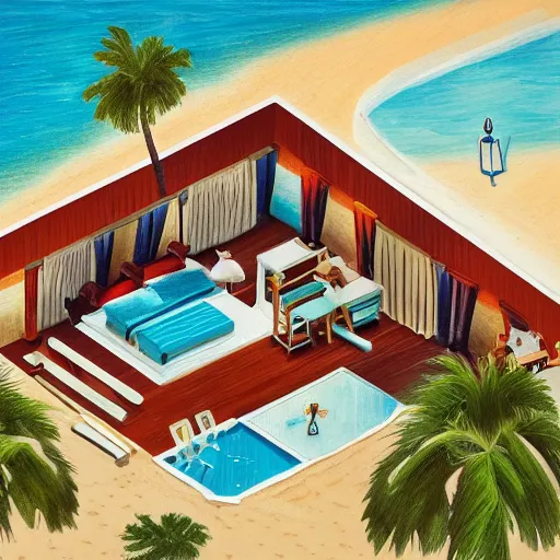 Image similar to an isometric painting of a beautiful interior design, beach, resort,