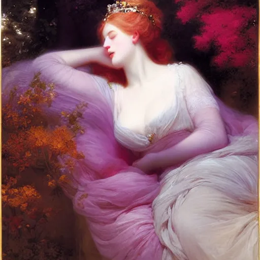 Image similar to blonde beautiful sleeping princess by Franz Xaver Winterhalter and Delphin Enjolras and Rebecca Guay