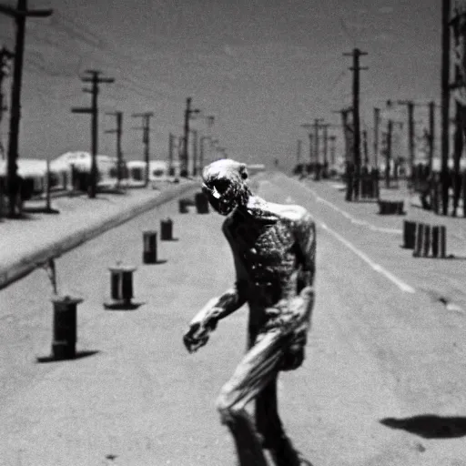 Image similar to real life irradiated walking zombie 1950s nuclear wasteland black and white award winning photo highly detailed, highly in focus, highly life-like Arriflex 35 II, by stanley kubrick