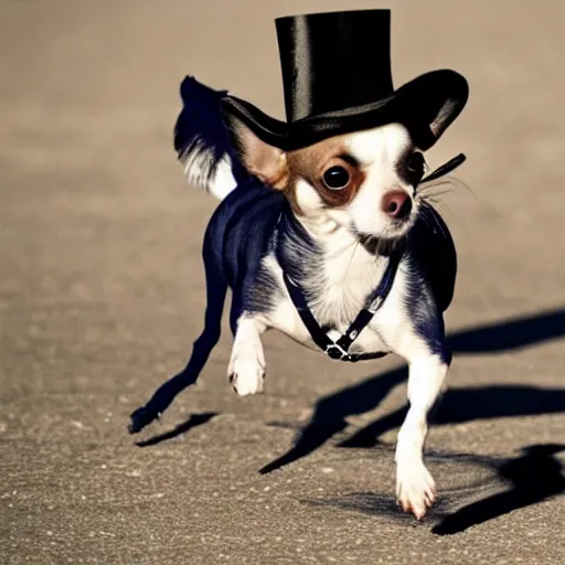 Image similar to a chihuahua wearing a top hat walking Matthew McConaughey on a tightrope