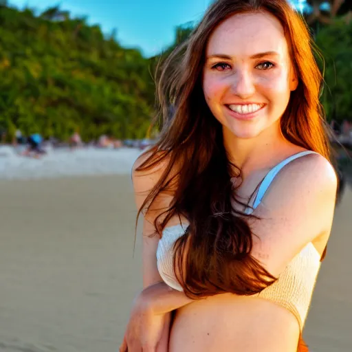 Image similar to A cute young woman, long shiny bronze brown hair, green eyes, cute freckles, smug smile, golden hour, beach setting medium shot, mid-shot,