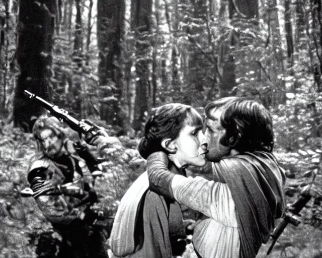 Image similar to luke skywalker, princess leia and han solo hugging and kissing in the forest of endor at the end of return of the jedi