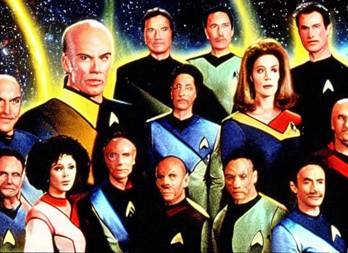 Image similar to a promo photo from a 1 9 8 0 s sci - fi tv programme, star trek tng, deep space nine, star trek voyager, babylon 5, vhs distortion